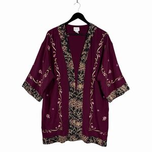 Yi Lin Silk Kimono Jacket Open Front Womens Medium Black Floral Embroidered Boho